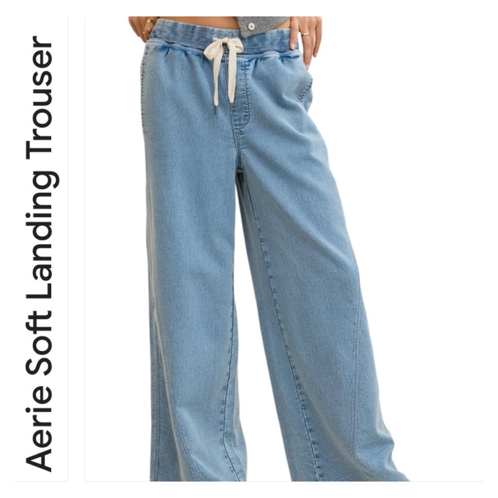 Aerie Soft Landing Trouser Wide Leg Jeans Women's Large Short Pull On Drawstring